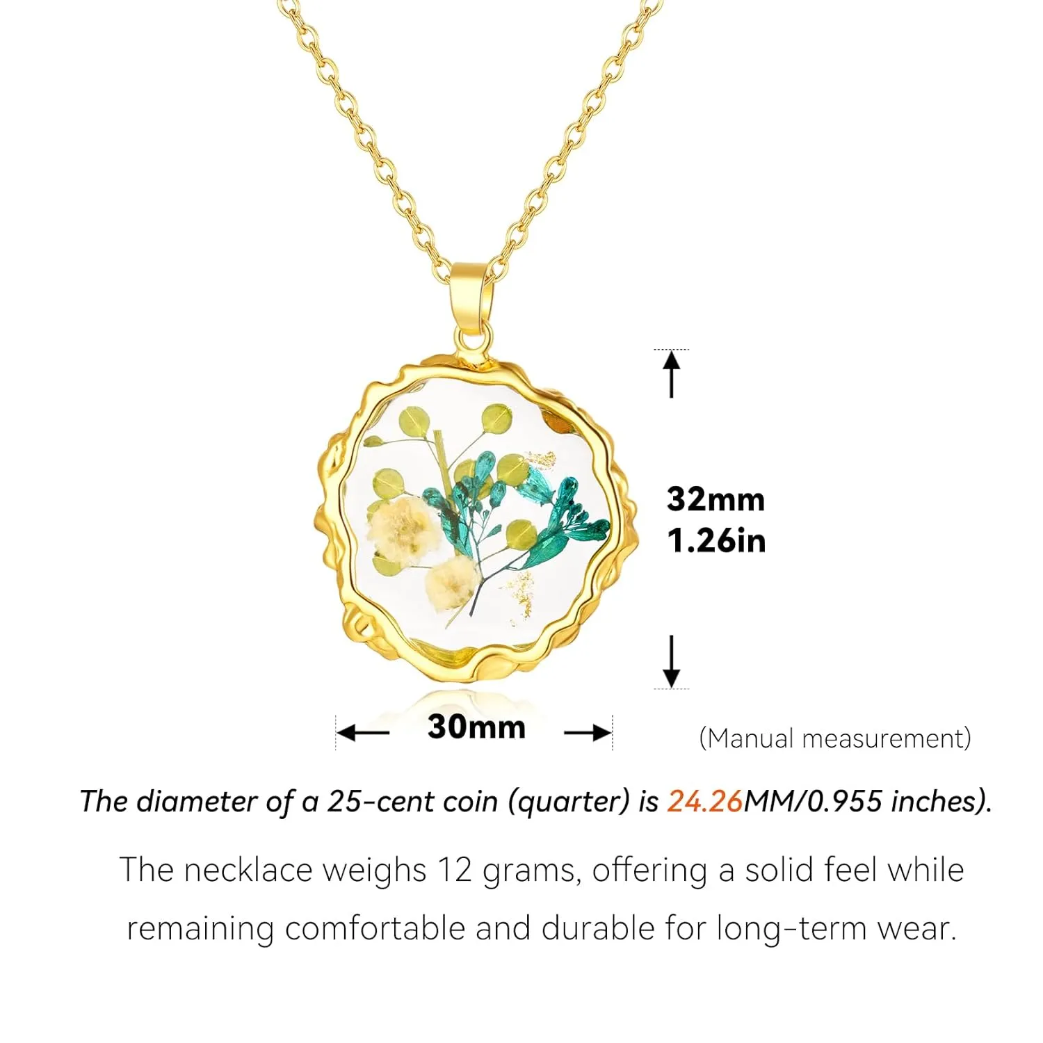 Birth Flower Necklaces for Women,January Month Real Pressed Flower Necklace,Boho-Style Personalized Jewelry,Handmade Floral Pendant,Thoughtful Gift for Christmas,Birthday|18" (Gold)