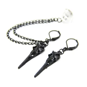 Black raven skull ear cuff earrings, Handmade Non pierced cartilage ear wrap, Bird skulls earrings, Gothic crow jewelry, Ravens skeleton earrings, Halloween witch earrings for women