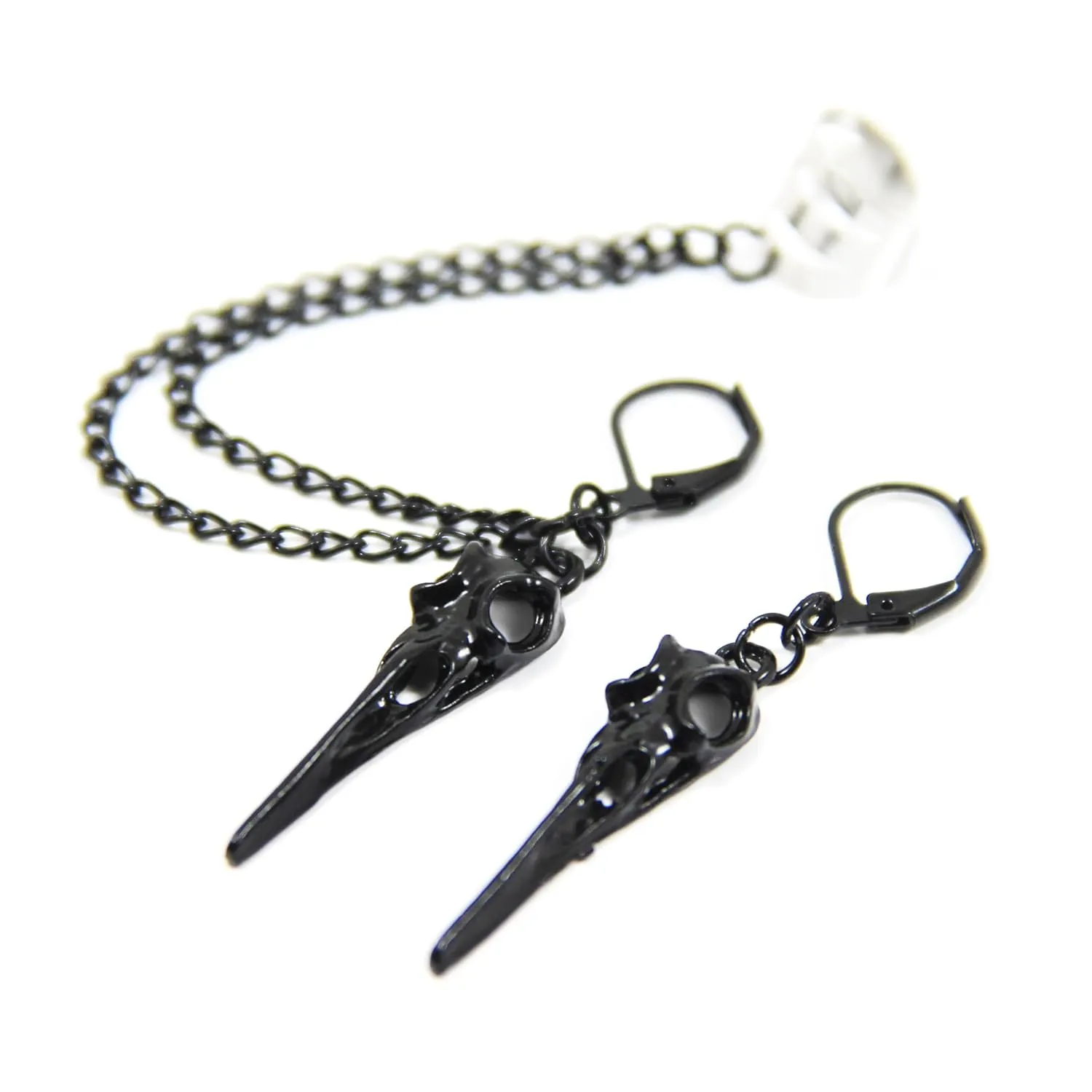 Black raven skull ear cuff earrings, Handmade Non pierced cartilage ear wrap, Bird skulls earrings, Gothic crow jewelry, Ravens skeleton earrings, Halloween witch earrings for women