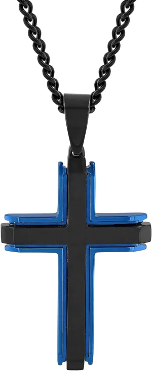 Black Stainless Men's Modern Cross Curb Chain Pendant Necklace with Blue Accents - 24"