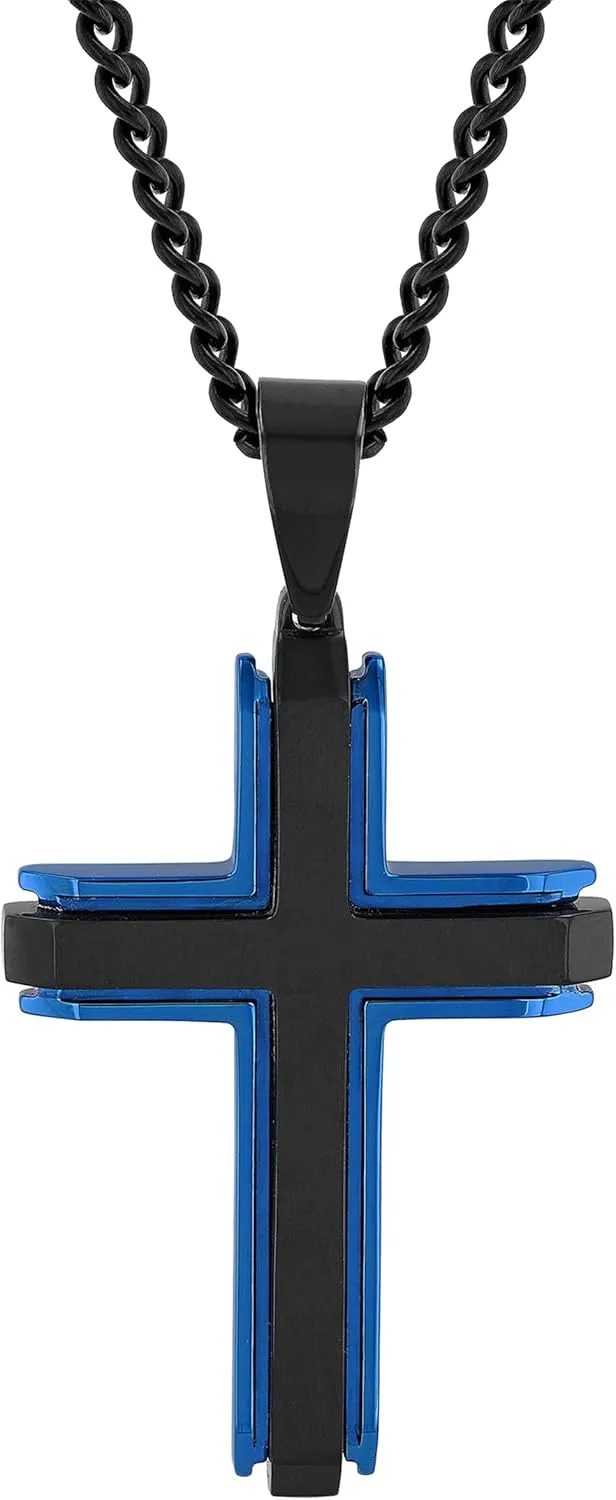 Black Stainless Men's Modern Cross Curb Chain Pendant Necklace with Blue Accents - 24"