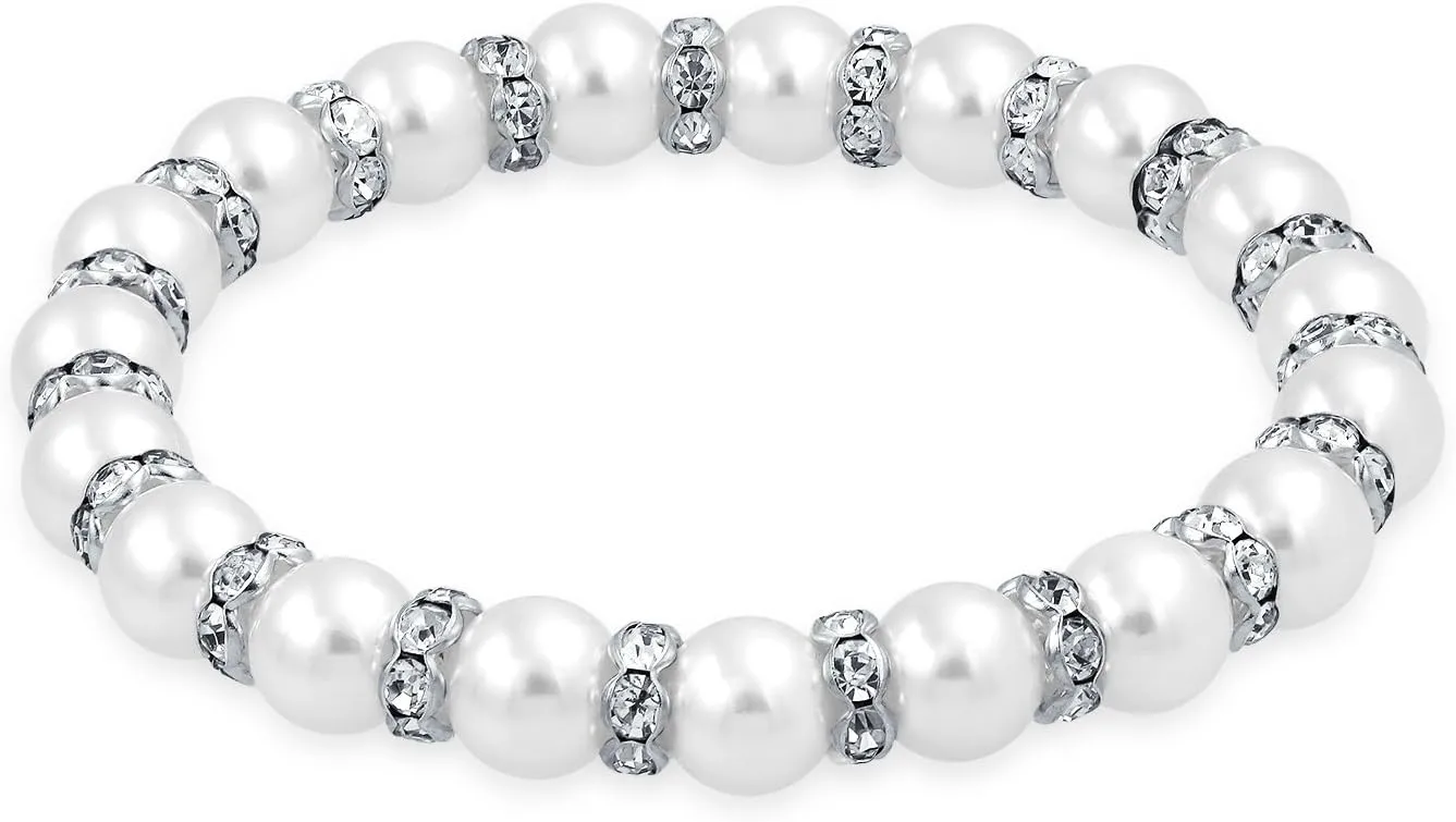 Bling Jewelry White Pink Black Simulated Pearl Stackable Strand Stretch Bracelet For Women Crystal Rondelle Gold & Silver Plated Spacer