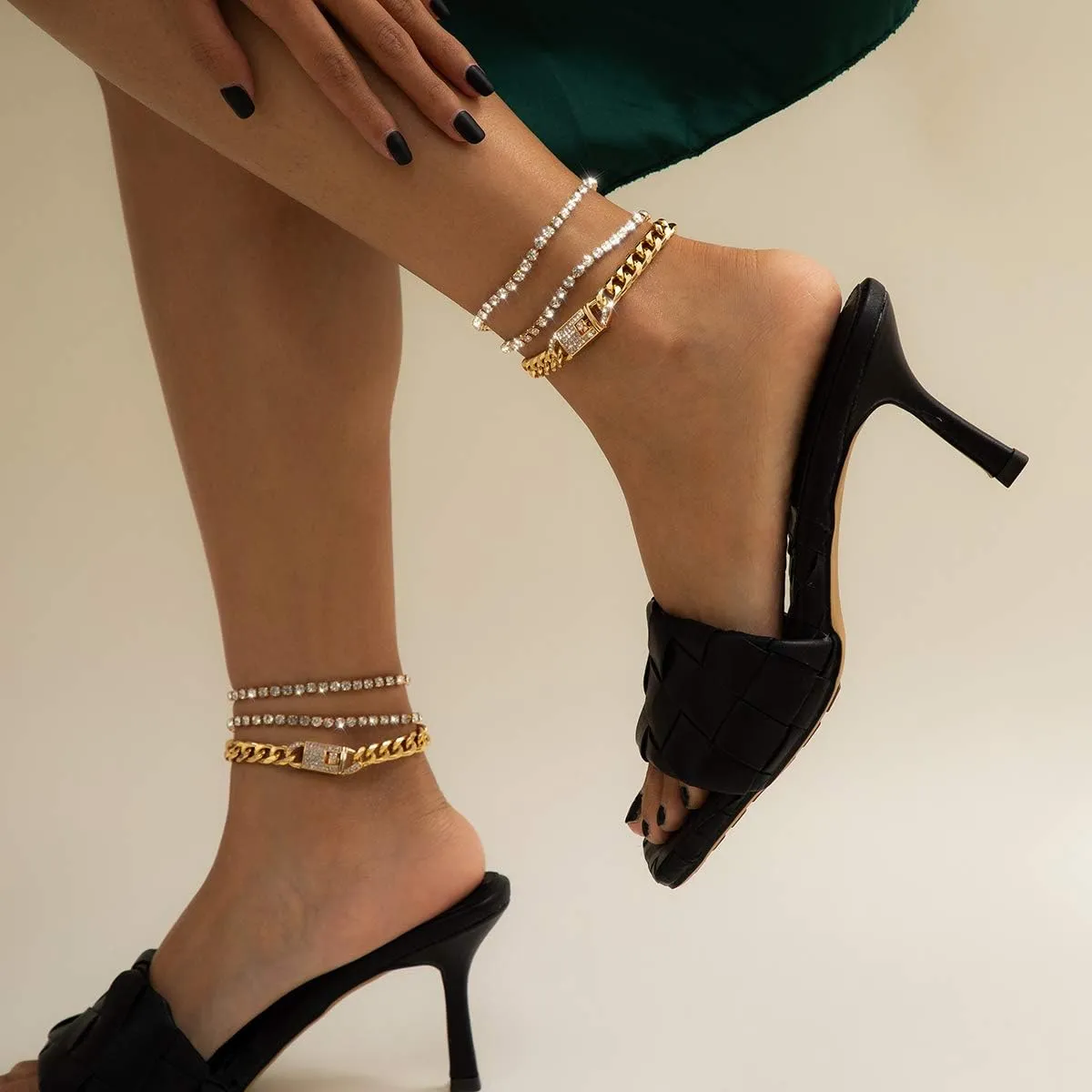 Bling Tennis Anklet Bracelet for Women Layered Link Chain Anklet Beach Shiny Rhinestone Ankle Jewelry