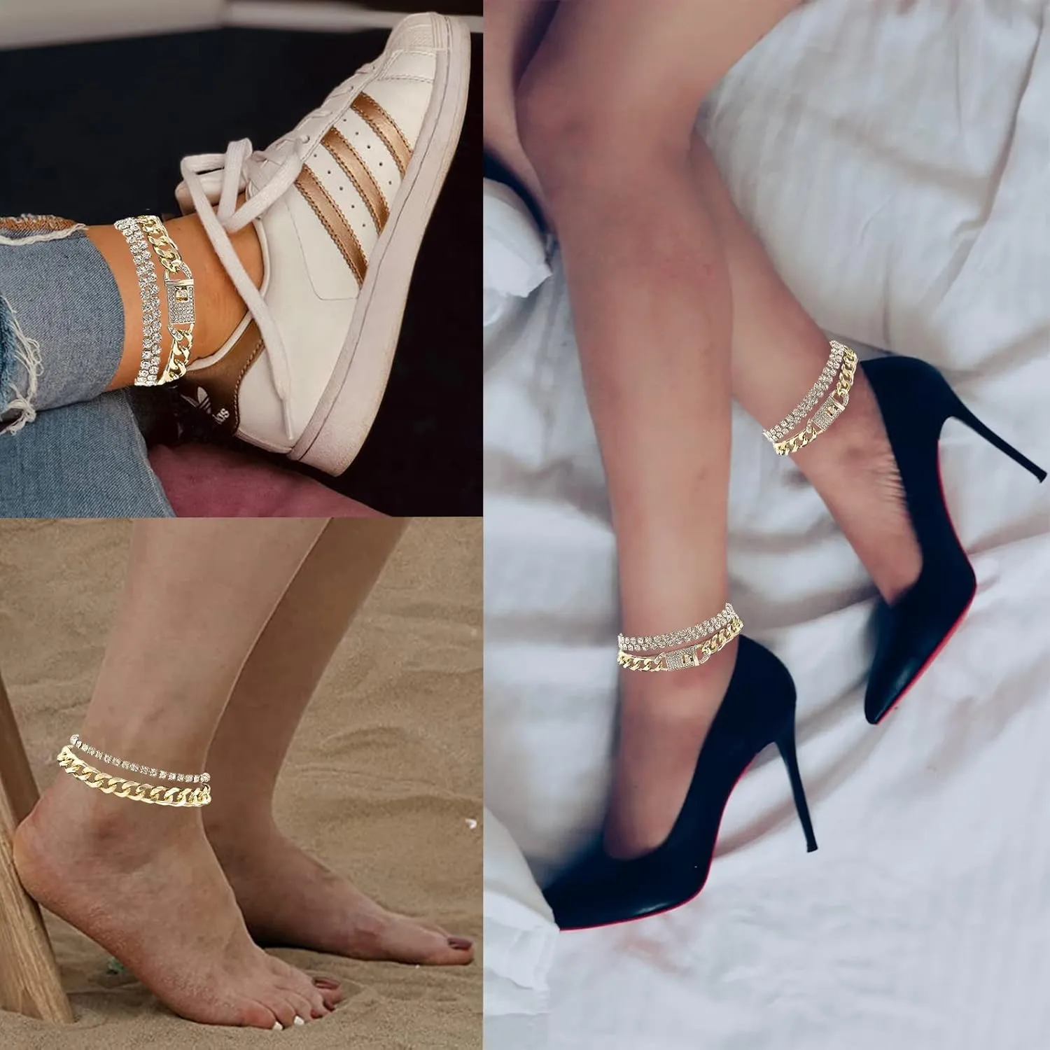 Bling Tennis Anklet Bracelet for Women Layered Link Chain Anklet Beach Shiny Rhinestone Ankle Jewelry
