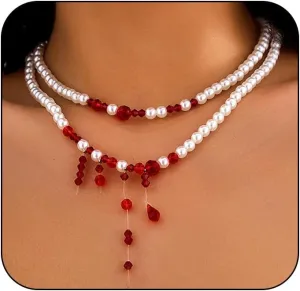 Blood Pearl Beaded Layered Choker Necklace for Women Gothic Vampire Stacked Pearl Statement Necklaces Goth Layering Dripping Bloody Beads Jewelry Gifts