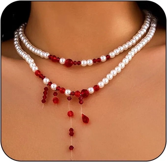 Blood Pearl Beaded Layered Choker Necklace for Women Gothic Vampire Stacked Pearl Statement Necklaces Goth Layering Dripping Bloody Beads Jewelry Gifts