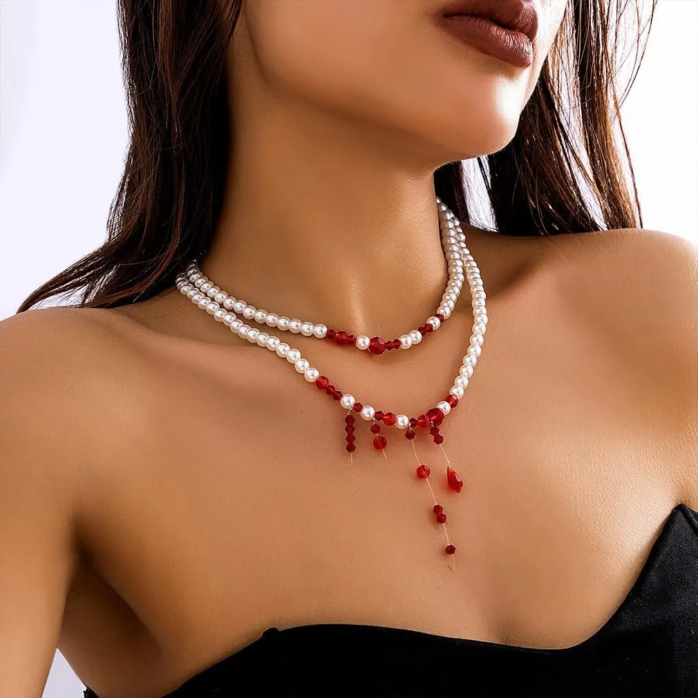Blood Pearl Beaded Layered Choker Necklace for Women Gothic Vampire Stacked Pearl Statement Necklaces Goth Layering Dripping Bloody Beads Jewelry Gifts