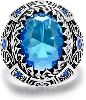 Blue Topaz Oxidated Sterling Silver Ring for Men Vintage Retro Cool Jewelry for Men Blue Topaz Ring Gift for Men Boy Dad Him