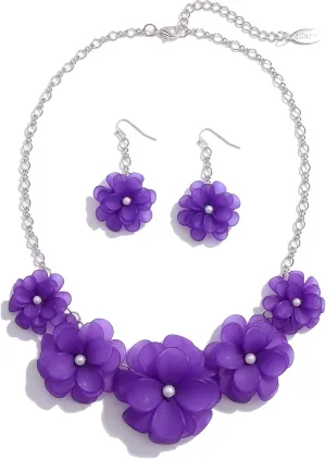 Bocar Flower Collar Necklace, Floral Flower Summer Beach Statement Choker Necklace and Earrings Set for Women, Handmade Women Jewelry Gift