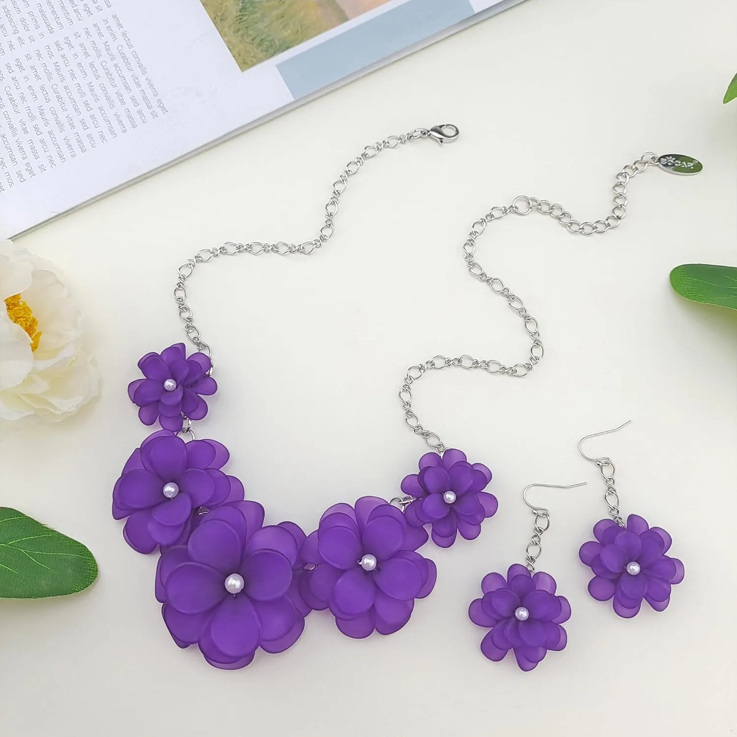 Bocar Flower Collar Necklace, Floral Flower Summer Beach Statement Choker Necklace and Earrings Set for Women, Handmade Women Jewelry Gift