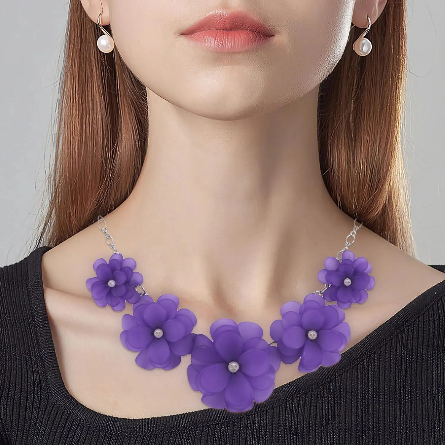 Bocar Flower Collar Necklace, Floral Flower Summer Beach Statement Choker Necklace and Earrings Set for Women, Handmade Women Jewelry Gift