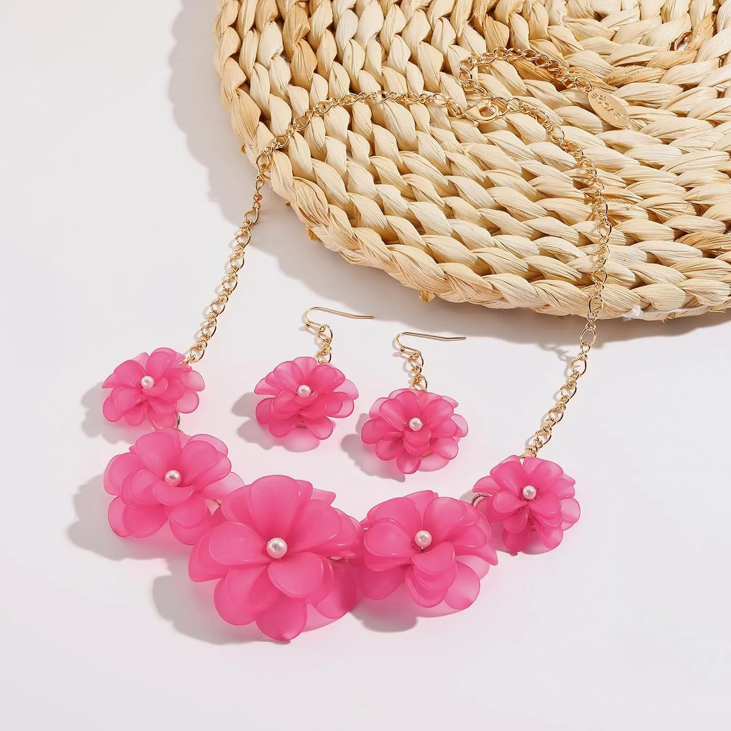Bocar Flower Collar Necklace, Floral Flower Summer Beach Statement Choker Necklace and Earrings Set for Women, Handmade Women Jewelry Gift