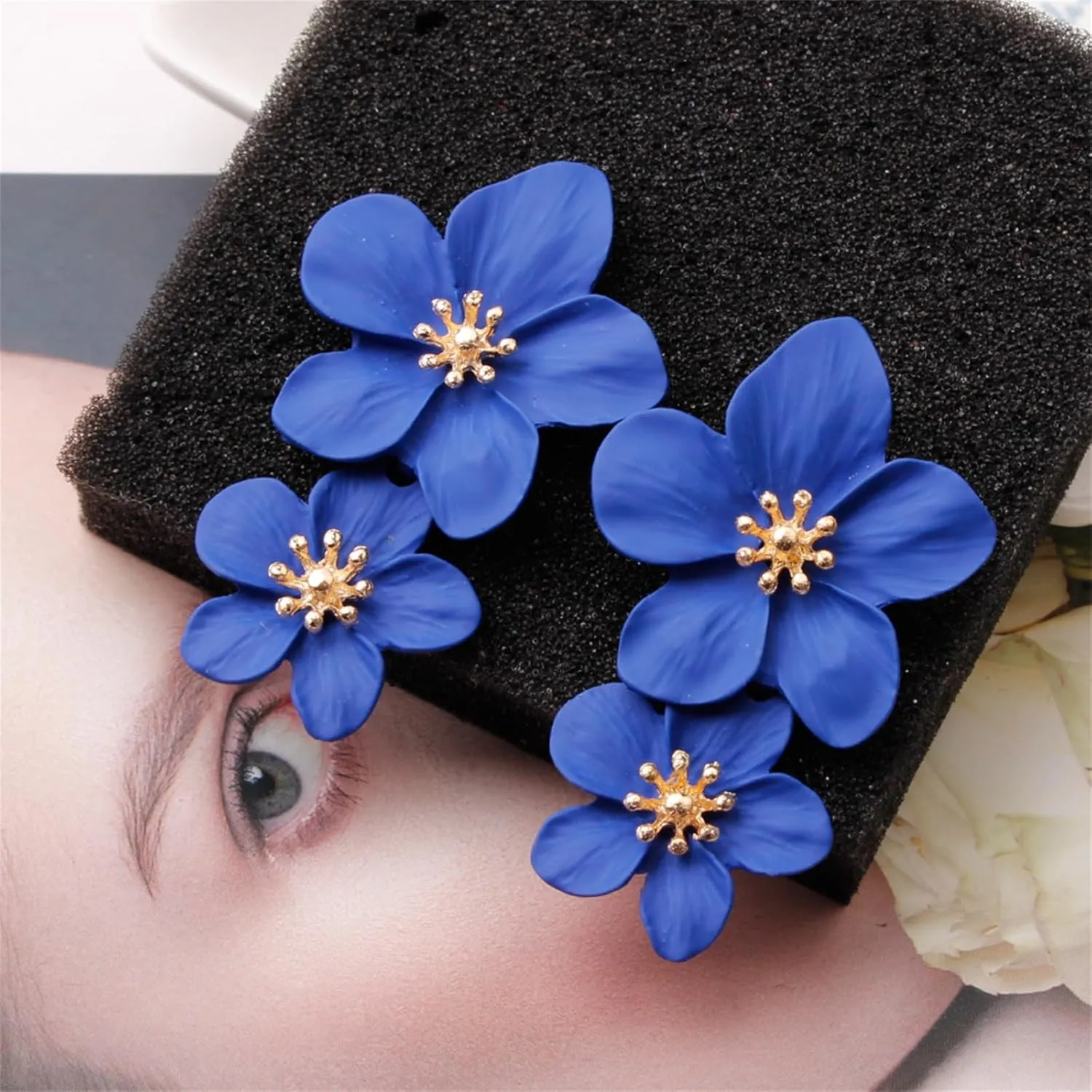 Bohemian Flower Earrings for Women Elegant Matte Double Flower Floral Layered Tiered Dangle Drop Floral Stud Earrings Boho Statement Wedding Holiday Chic Prom Jewelry Gifts