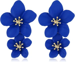 Bohemian Flower Earrings for Women Elegant Matte Double Flower Floral Layered Tiered Dangle Drop Floral Stud Earrings Boho Statement Wedding Holiday Chic Prom Jewelry Gifts