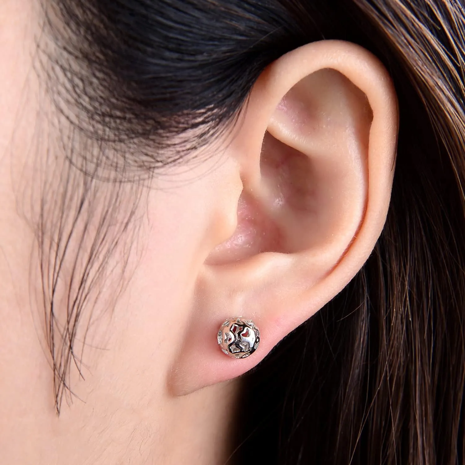 Bohemian - Women's 925 Sterling Silver Earrings - 7mm Hollow Pattern Ball Pendant - Silver Stud Earrings - 24k Gold - Fine Jewelry - Birthday Gift