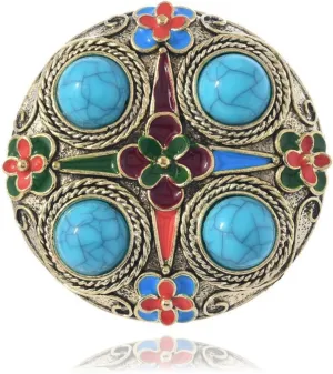 Boho Enamel Flower Brooch Pin for Women Antique Gold Plated Round Turquoise Blue Stone Brooches Pins Suit Collar Dress Accessories Vintage Jewelry for Holiday Party