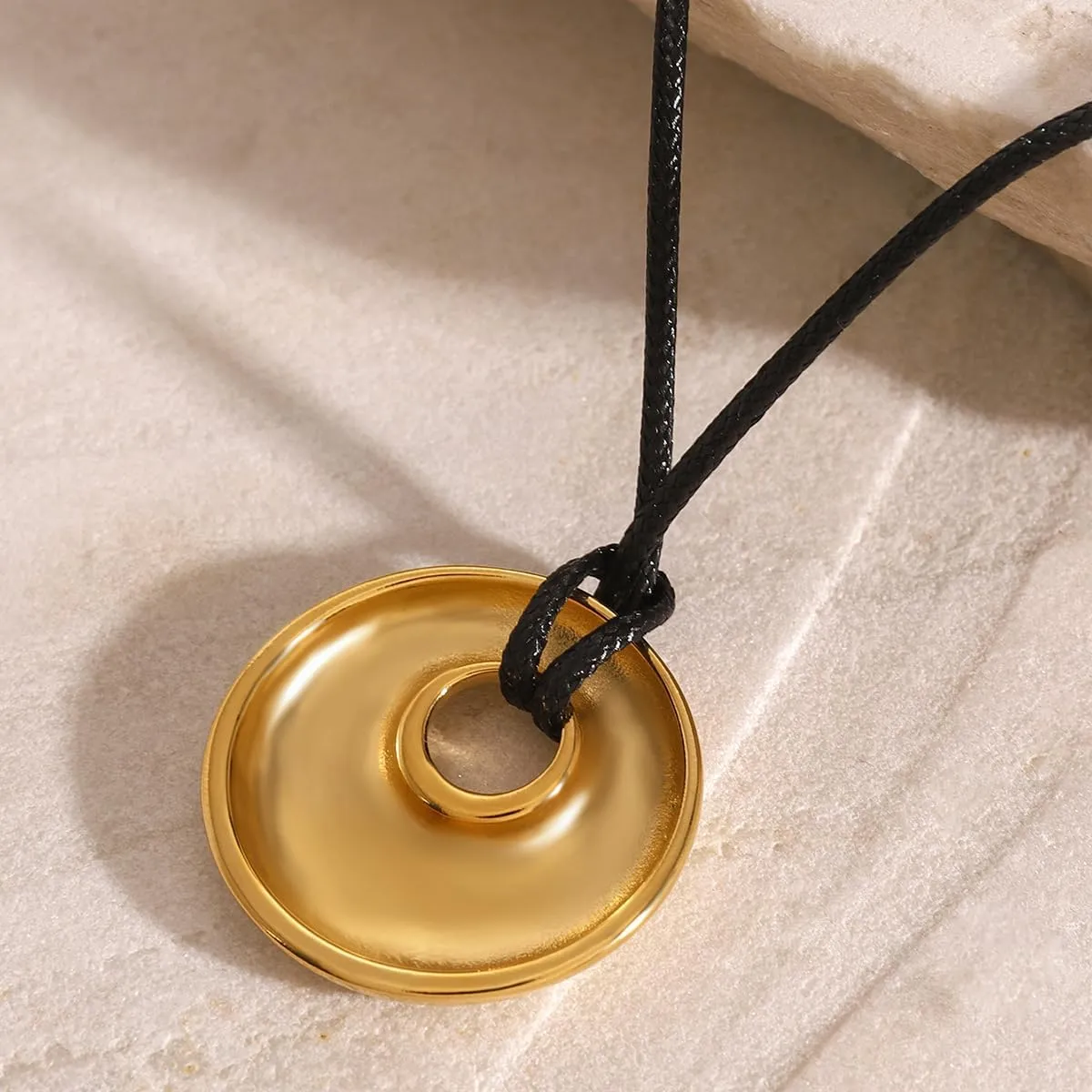 Boho Necklace for Women Leather Pendant Necklace - Black Cord Gold Elegant Jewelry Trendy for Her