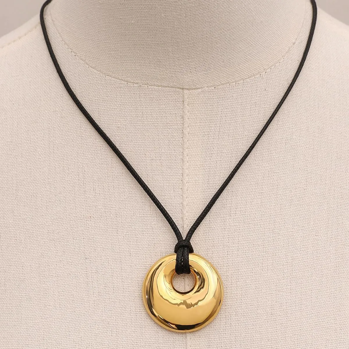 Boho Necklace for Women Leather Pendant Necklace - Black Cord Gold Elegant Jewelry Trendy for Her