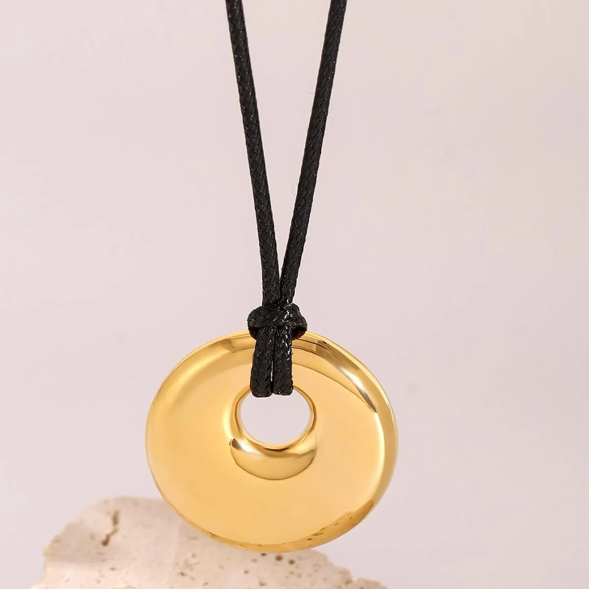 Boho Necklace for Women Leather Pendant Necklace - Black Cord Gold Elegant Jewelry Trendy for Her