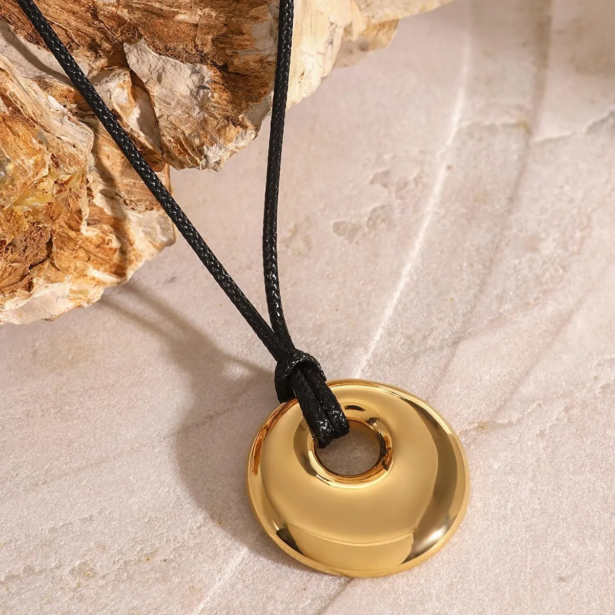 Boho Necklace for Women Leather Pendant Necklace - Black Cord Gold Elegant Jewelry Trendy for Her