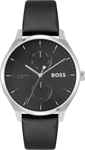 BOSS Hugo Men's Tyler Stainless Steel Case and Black Calfskin Strap, Modern Minimalism, Multifunction Watch, Model (1514102)