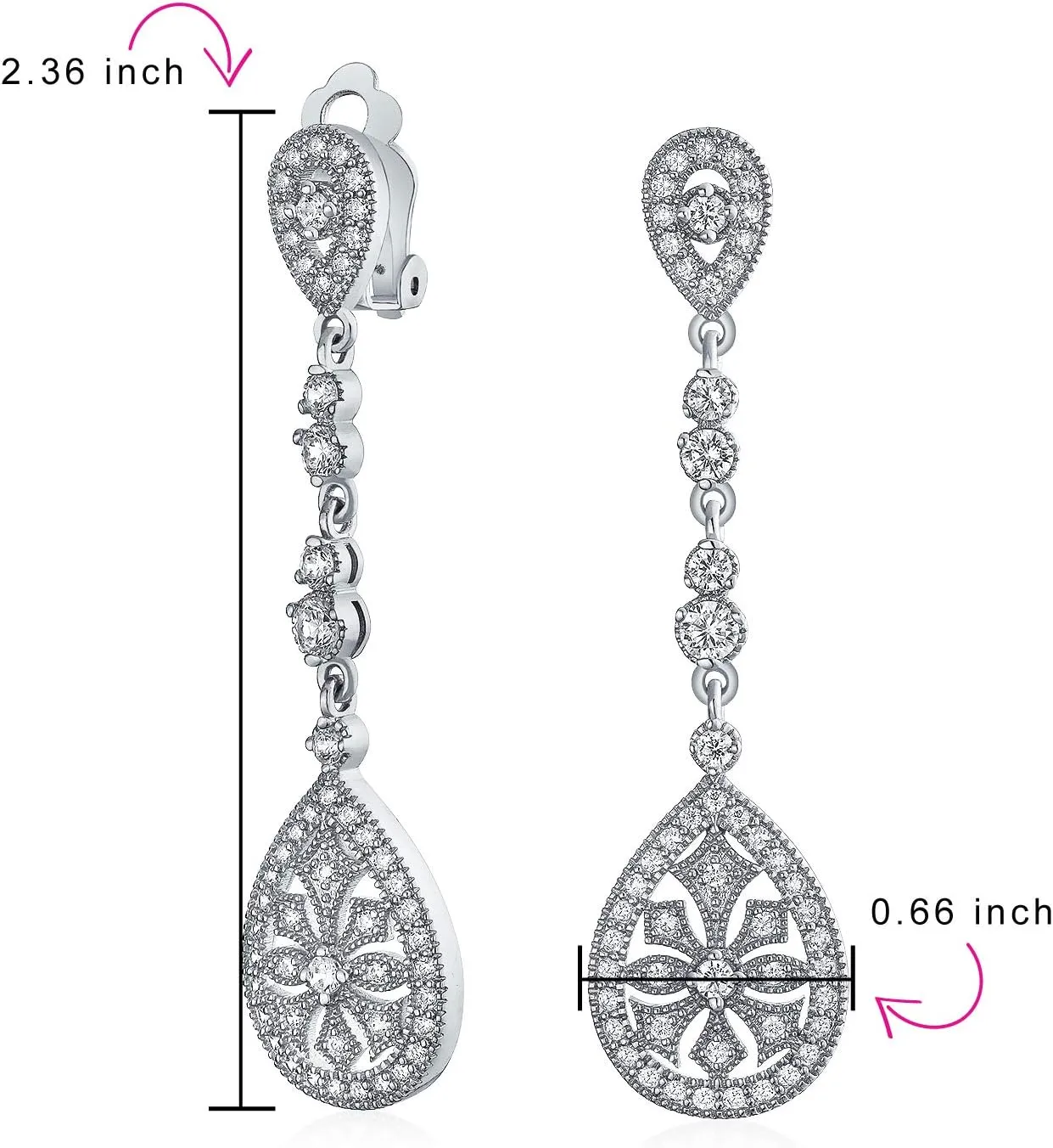 Bridal Vintage Art Deco Style Filigree Teardrop Cubic Zirconia Chandelier Clip On Earrings For Women Gold Silver Plated