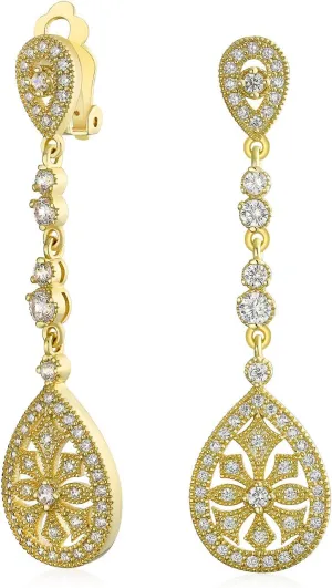Bridal Vintage Art Deco Style Filigree Teardrop Cubic Zirconia Chandelier Clip On Earrings For Women Gold Silver Plated