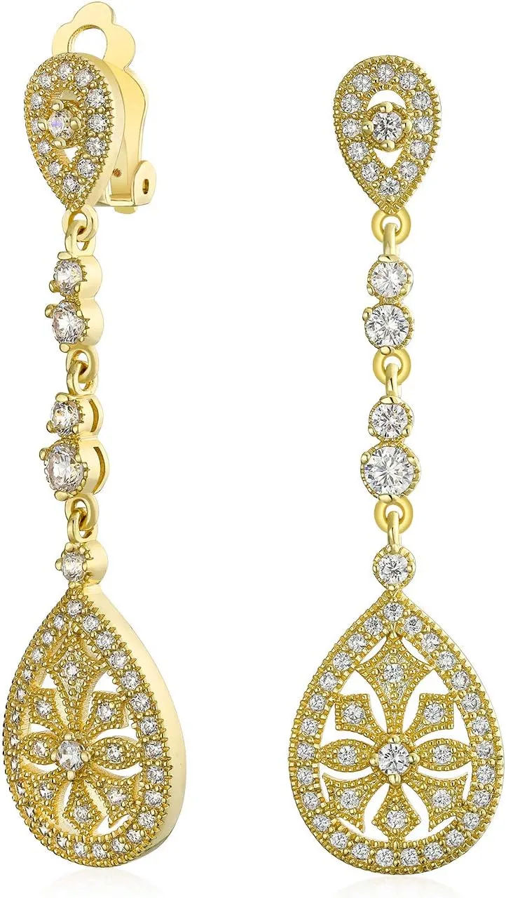 Bridal Vintage Art Deco Style Filigree Teardrop Cubic Zirconia Chandelier Clip On Earrings For Women Gold Silver Plated