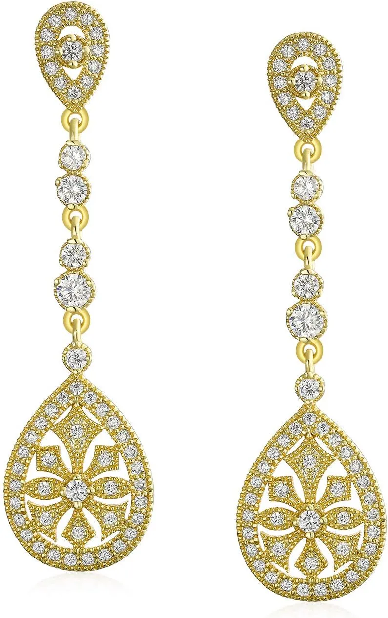 Bridal Vintage Art Deco Style Filigree Teardrop Cubic Zirconia Chandelier Clip On Earrings For Women Gold Silver Plated