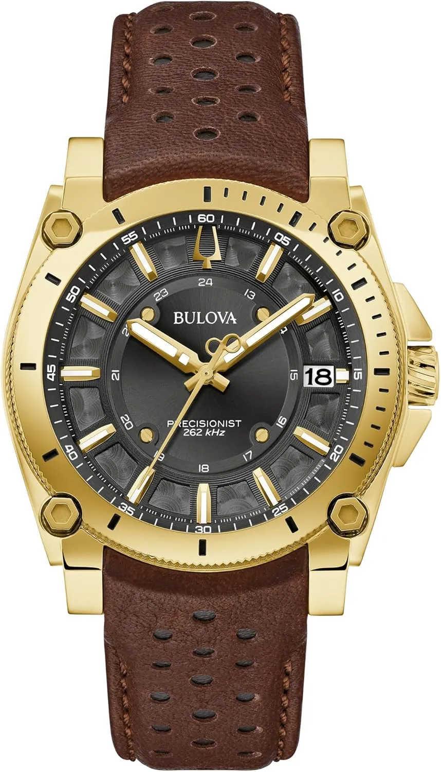 Bulova Men's Icon High Precisionist Quartz Gold Tone Stainless Steel Case 3-Hand Watch, Leather Brown Strap, Black Dial Style:97B216