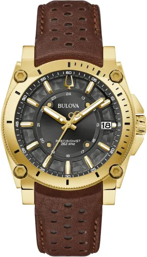 Bulova Men's Icon High Precisionist Quartz Gold Tone Stainless Steel Case 3-Hand Watch, Leather Brown Strap, Black Dial Style:97B216
