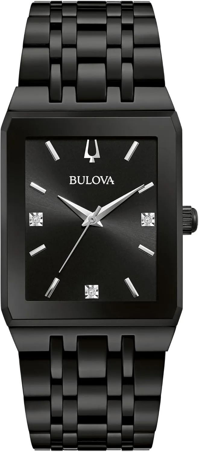 Bulova Men's Modern Diamond Quadra Quartz Black Stainless Steel Watch, Black Dial Style:98D164