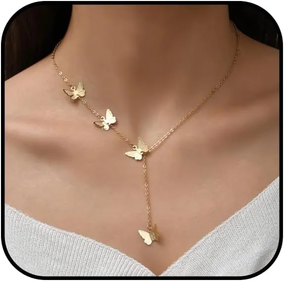 Butterfly Tassel Pendant Necklace for Women Gold Long Butterfly Y Choker Necklace Dainty Rhinestone Butterfly Tassel Necklace Adjustable Butterfly Link Necklace Accessories Fashion Elegant Jewerly