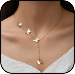 Butterfly Tassel Pendant Necklace for Women Gold Long Butterfly Y Choker Necklace Dainty Rhinestone Butterfly Tassel Necklace Adjustable Butterfly Link Necklace Accessories Fashion Elegant Jewerly
