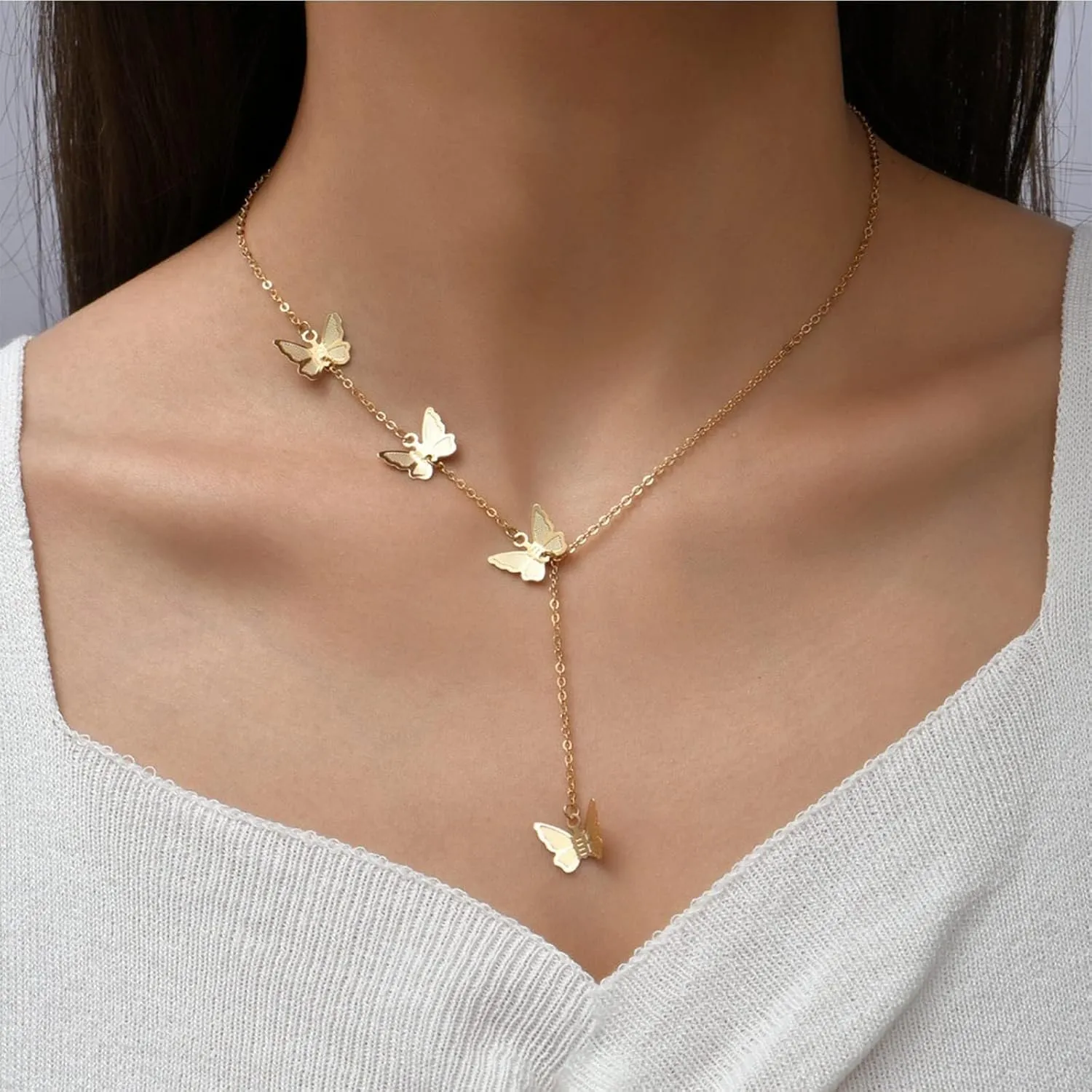 Butterfly Tassel Pendant Necklace for Women Gold Long Butterfly Y Choker Necklace Dainty Rhinestone Butterfly Tassel Necklace Adjustable Butterfly Link Necklace Accessories Fashion Elegant Jewerly