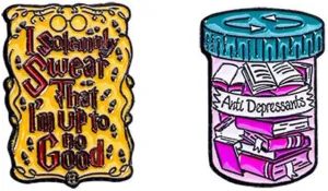 Cartoon Books Enamel Pin Vintage Anti-depressant Book Brooch Pink Bottle Pin Badge Funny Words Collar Lapel Pin Novelty Cartoon Cute Enamel Brooch Pins for Backpacks Set Badges Clothing Bags Jackets