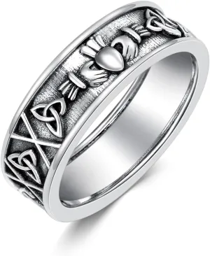 Celtic Claddagh Ring for Men Women S925 Sterling Silver Oxidized Claddagh Band Ring Celtic Knot Irish Friendship Couples Promise Wedding ring Memorial Gift Size 4 to 16