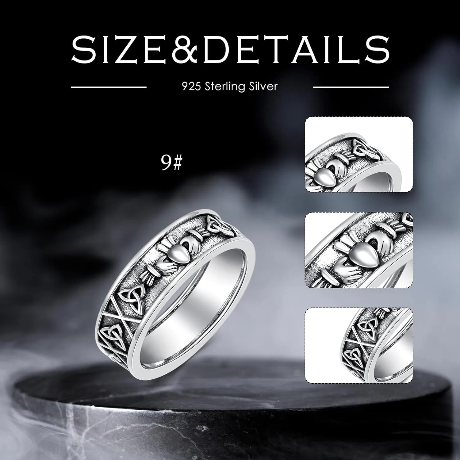 Celtic Claddagh Ring for Men Women S925 Sterling Silver Oxidized Claddagh Band Ring Celtic Knot Irish Friendship Couples Promise Wedding ring Memorial Gift Size 4 to 16