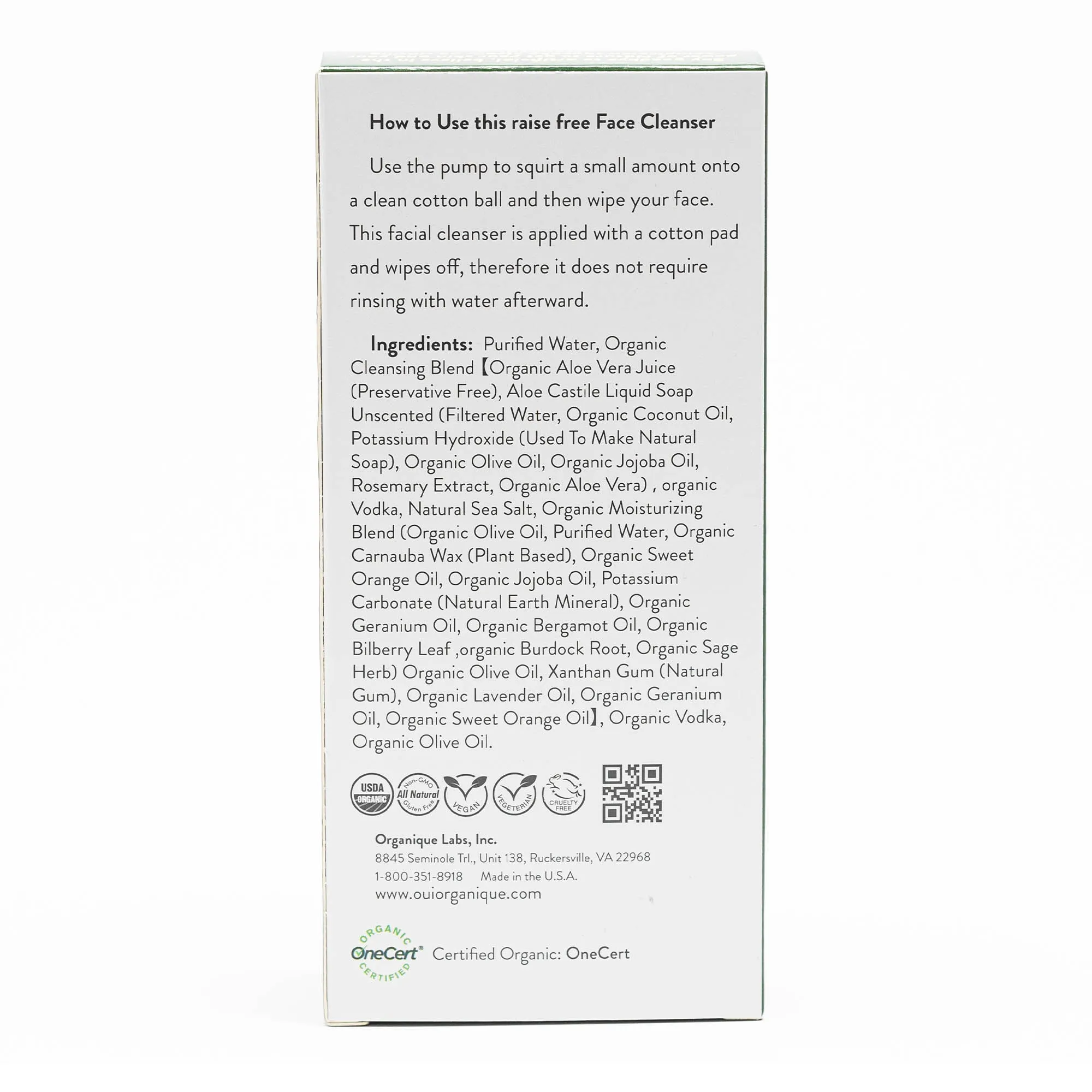 Certified Organic Rinse Free Facial Cleanser|Aloe vera|purify|sensitive skin|Moisturize