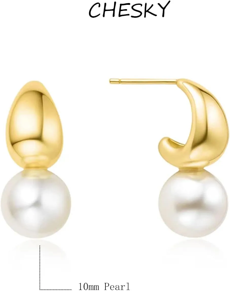 CHESKY Pearl Earrings for Women, Dainty 14K Gold Plated/925 Sterling Silver Drop Quality Handpicked AAA  Freshwater Cultured Round Pearls Dangle Earrings Wedding Jewelry for Women Gifts