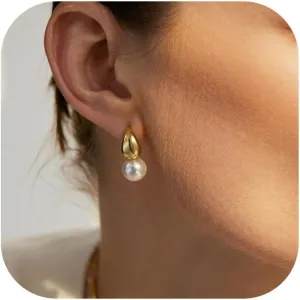CHESKY Pearl Earrings for Women, Dainty 14K Gold Plated/925 Sterling Silver Drop Quality Handpicked AAA  Freshwater Cultured Round Pearls Dangle Earrings Wedding Jewelry for Women Gifts