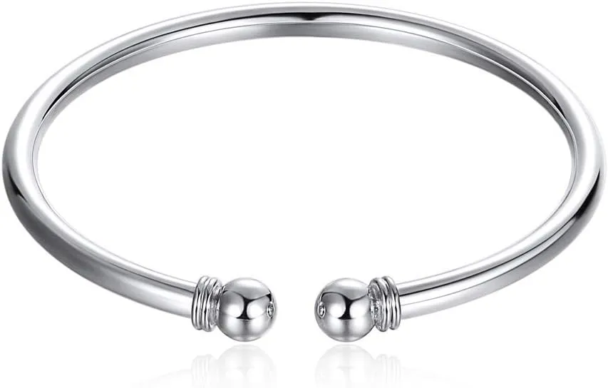 ChicSilver 925 Sterling Silver Bangle Bracelet, Simple Open Bangles Two Bead Cuff Jewelry for Women, Silver/Gold(with Gift Box