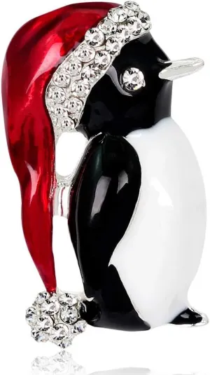 Christmas Santa Penguin Rhinestone Brooches for Women Girls Fashion Antique Alloy Enameled Cute CZ Red Hat Bird Animal Brooch Pins Scarves Shawl Clip Neck Bow Tie Necktie Dress Accessories Jewelry