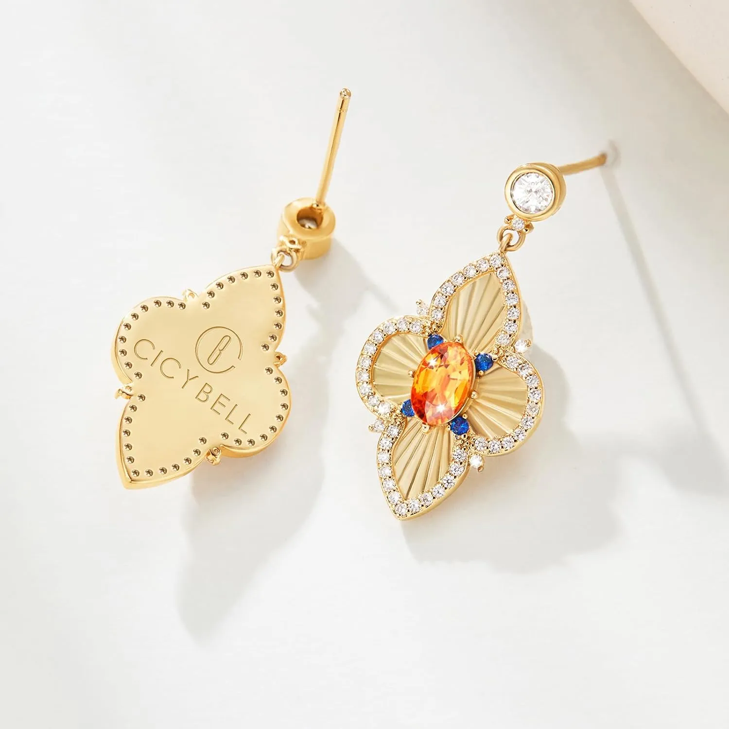 Cicy Bell Four Leaf Clover Dangle Earrings for Women Lucky 18k Gold Plated Cubic Zirconia Trendy Drop Earrings Jewelry Gift