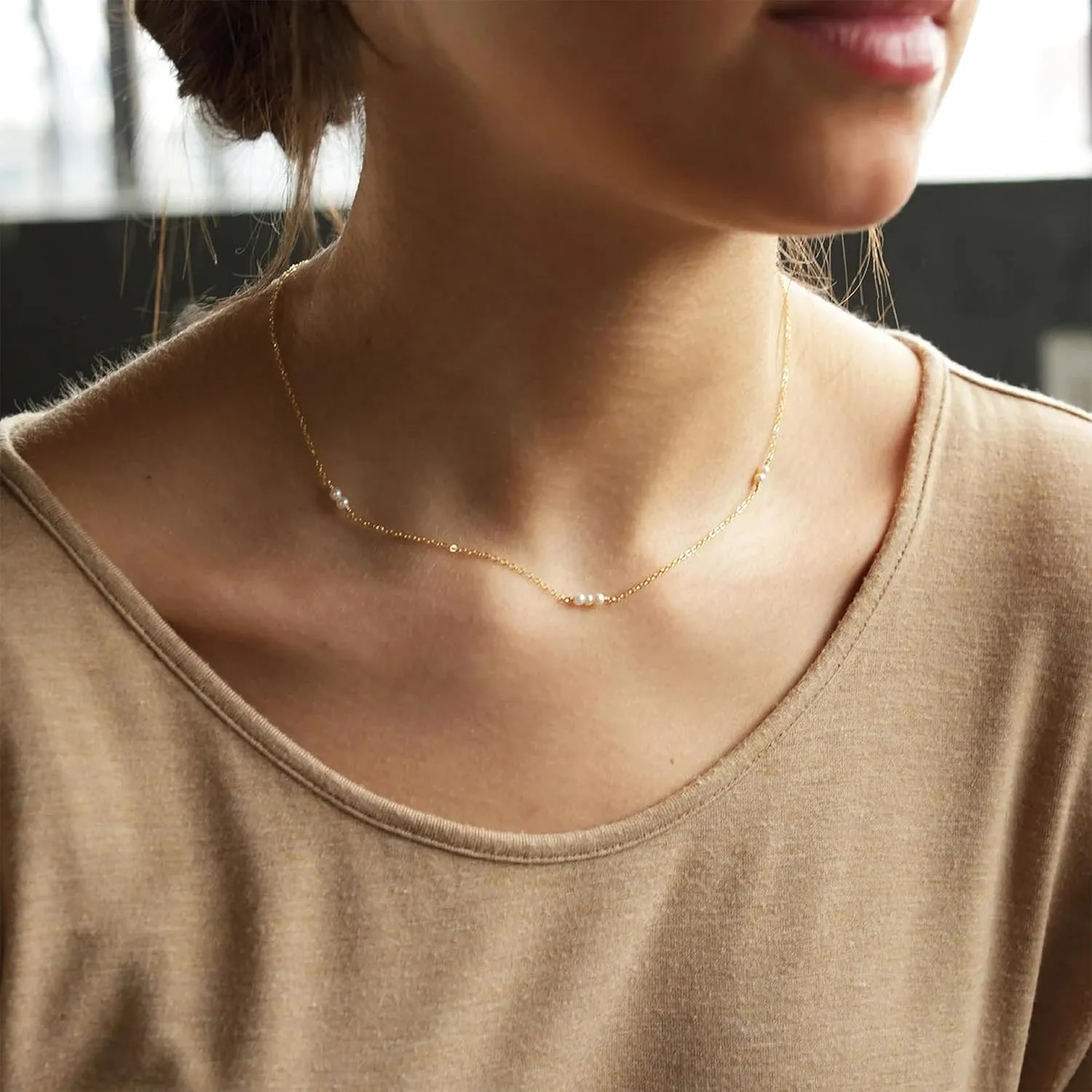Collner Dainty Pearl Choker - 14K Gold/Silver Plated Layered Freshwater Pearl Necklace - Everyday Jewelry Gift