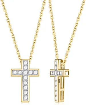 Color-D VVS1 Clarity Princess Cut Moissanite Cross Necklace for Women, Small and Cute Cross, Solid 925 Sterling Silver, 16"/18"/20" Adjustable, Christmas Jewelry, Everyday Necklace