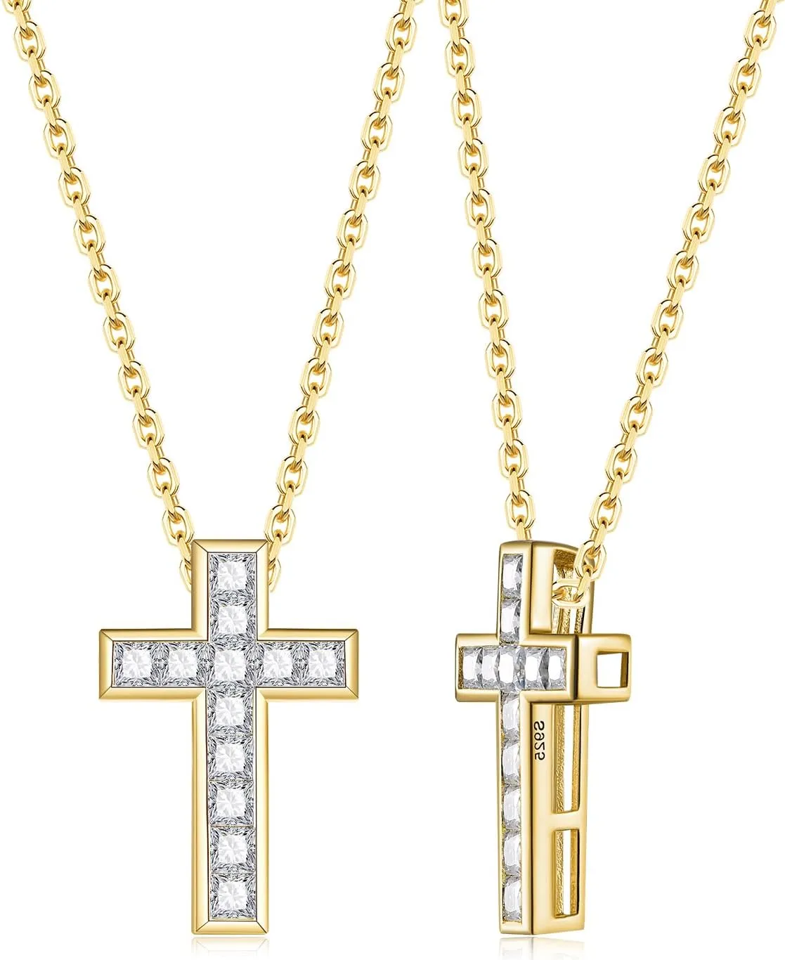 Color-D VVS1 Clarity Princess Cut Moissanite Cross Necklace for Women, Small and Cute Cross, Solid 925 Sterling Silver, 16"/18"/20" Adjustable, Christmas Jewelry, Everyday Necklace