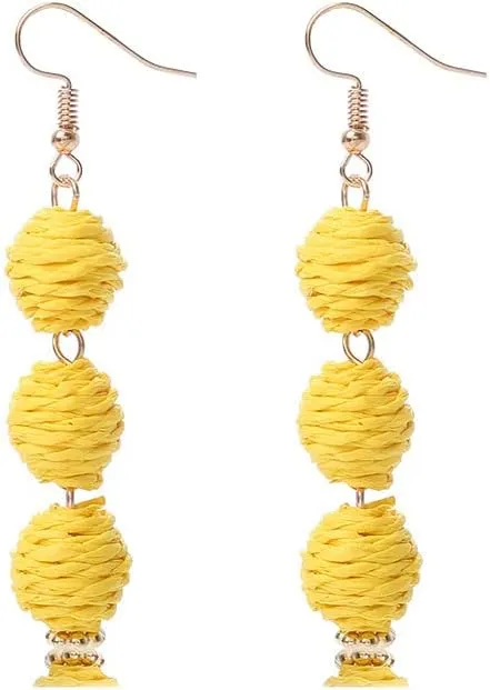 Colorful Long Natural Rattan Raffia Ball Drop Dangle Earrings Boho Handwoven Braid Straw Wicker Beaded for Women Handmade Bohemian Summer Beach Holiday Jewelry