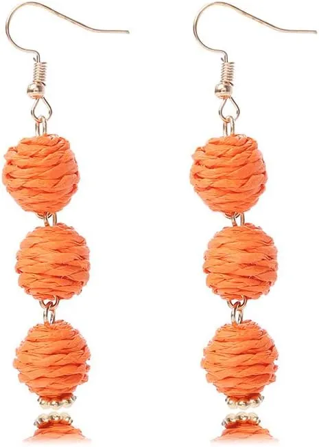 Colorful Long Natural Rattan Raffia Ball Drop Dangle Earrings Boho Handwoven Braid Straw Wicker Beaded for Women Handmade Bohemian Summer Beach Holiday Jewelry