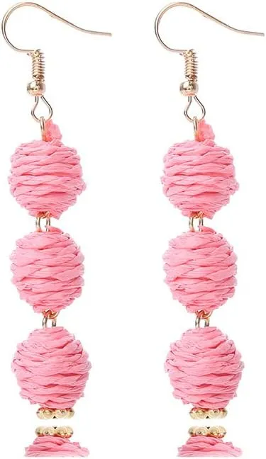 Colorful Long Natural Rattan Raffia Ball Drop Dangle Earrings Boho Handwoven Braid Straw Wicker Beaded for Women Handmade Bohemian Summer Beach Holiday Jewelry